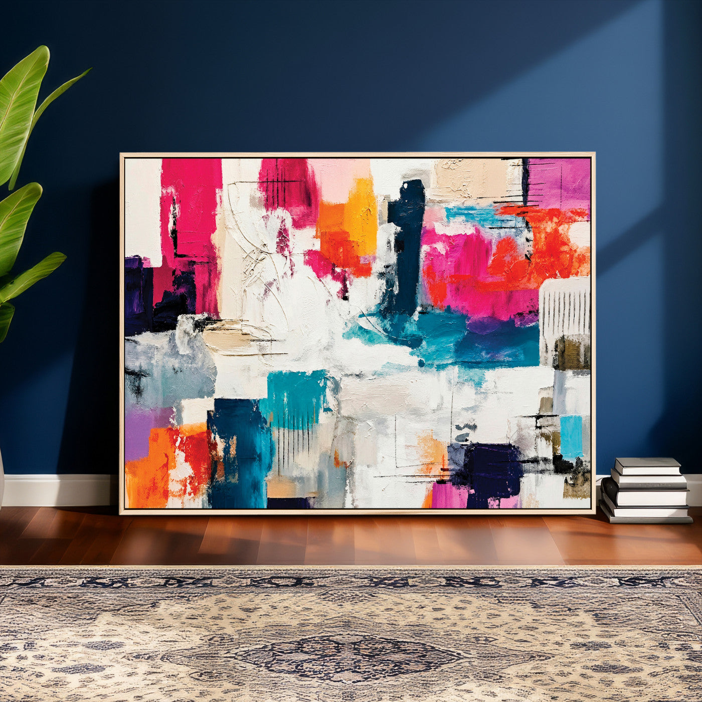 57864023-MGV-CV-36X24 - Blue Teal Abstract Canvas Wall Art | Modern Textured Painting Print, Navy Orange White Contemporary Art, Neutral Living Room Decor, Office Art