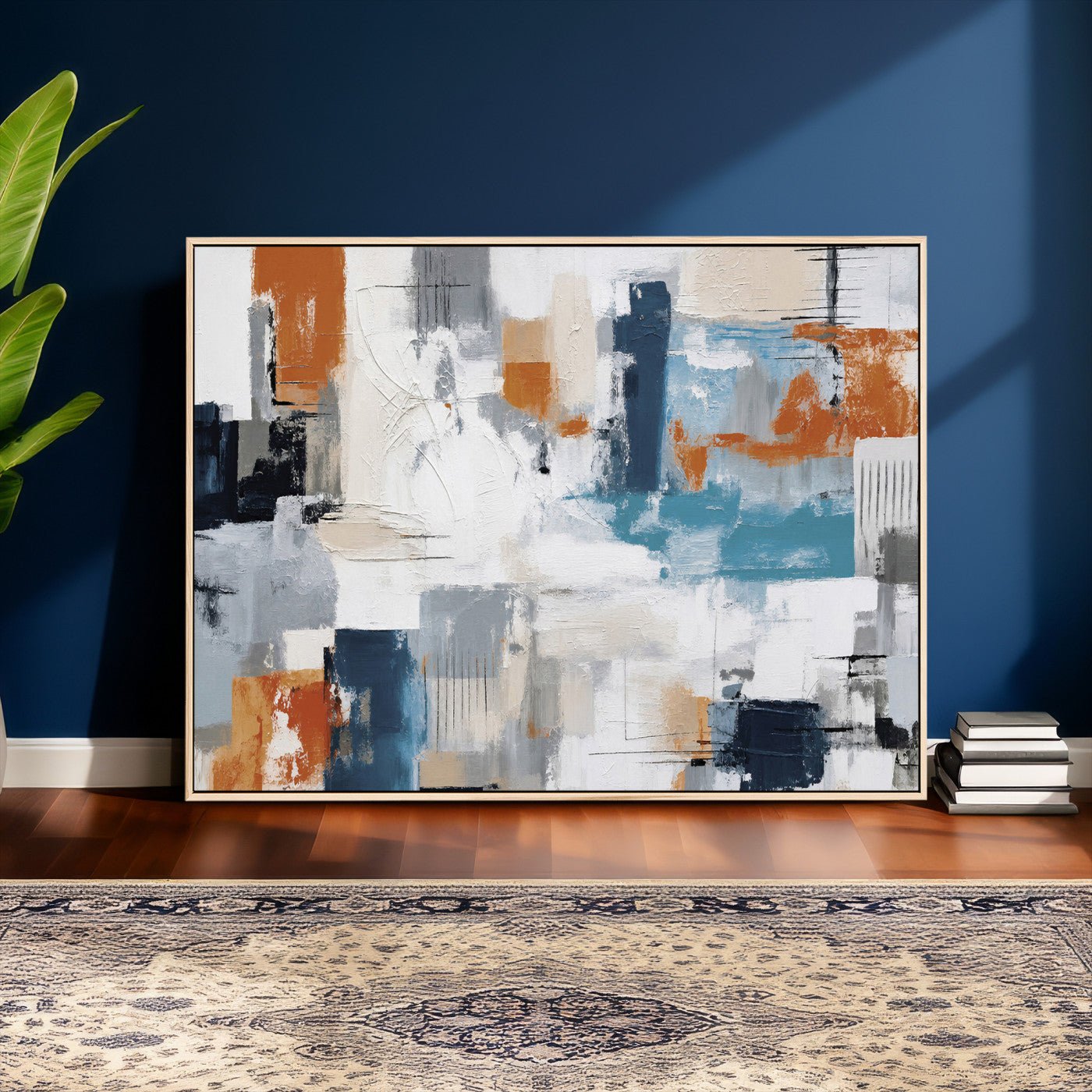 44950303-MGV-CV-36X24 - Blue Teal Abstract Canvas Wall Art, Modern Textured Painting Print, Navy Orange White Contemporary Art, Neutral Living Room Decor, Office Art