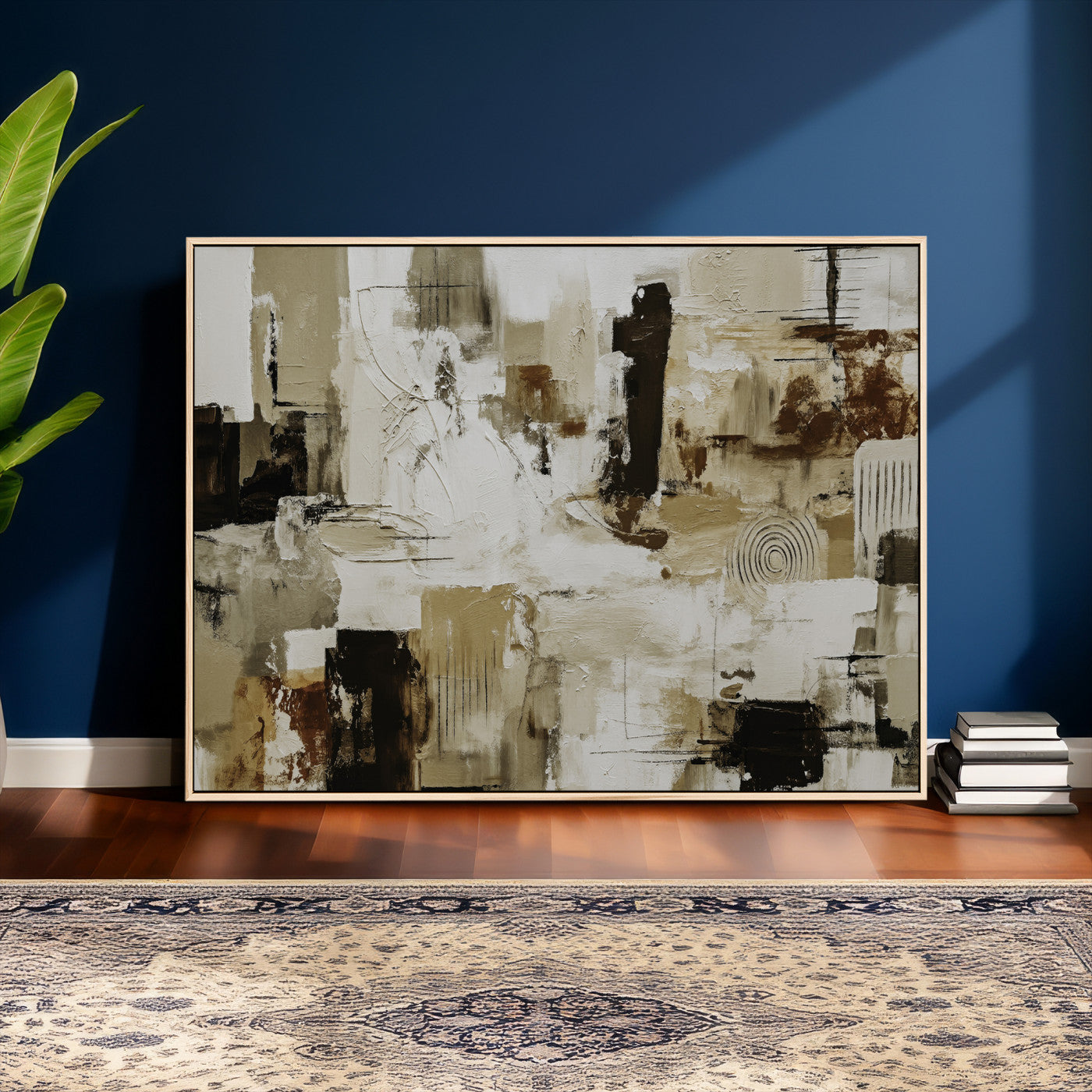 26560159-MGV-CV-36X24 - Blue Teal Abstract Canvas Wall Art, Modern Textured Painting Print, Navy Orange White Contemporary Art, Neutral Living Room Decor, Office Art