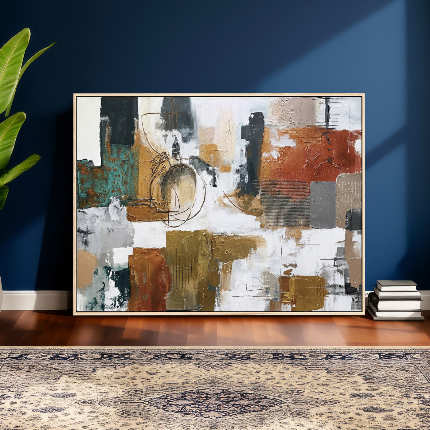 50720312-MGV-CV-36X24 - Blue Teal Abstract Canvas Wall Art, Modern Textured Painting Print, Navy Orange White Contemporary Art, Neutral Living Room Decor, Office Art