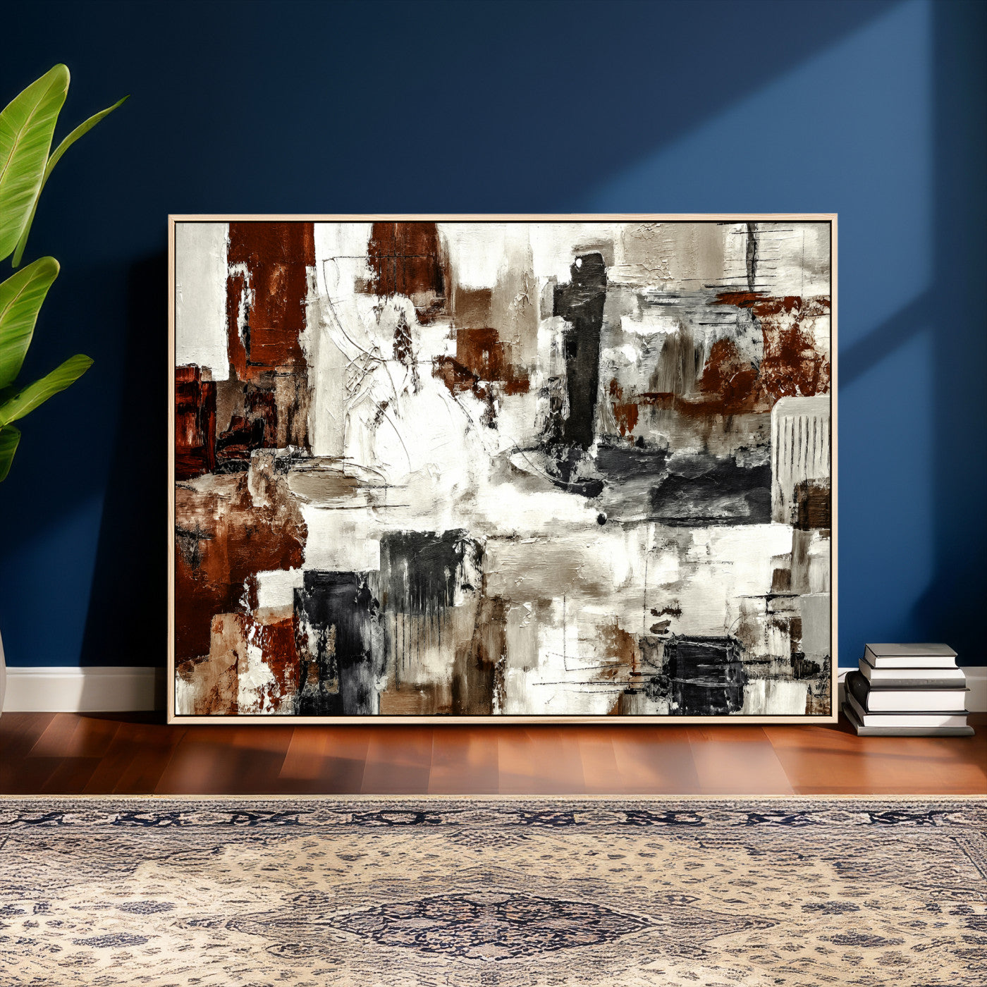 53022468-MGV-CV-36X24 - Blue Teal Abstract Canvas Wall Art, Modern Textured Painting Print, Navy Orange White Contemporary Art, Neutral Living Room Decor, Office Art