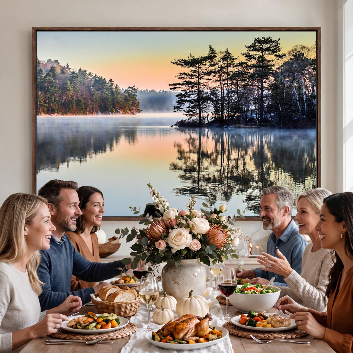 34236027-MGV-CV-36X24 - Before People Wake Canvas Wall Art Print, Misty Lake Sunrise Landscape, Forest Reflection Nature Decor, Ready to Hang