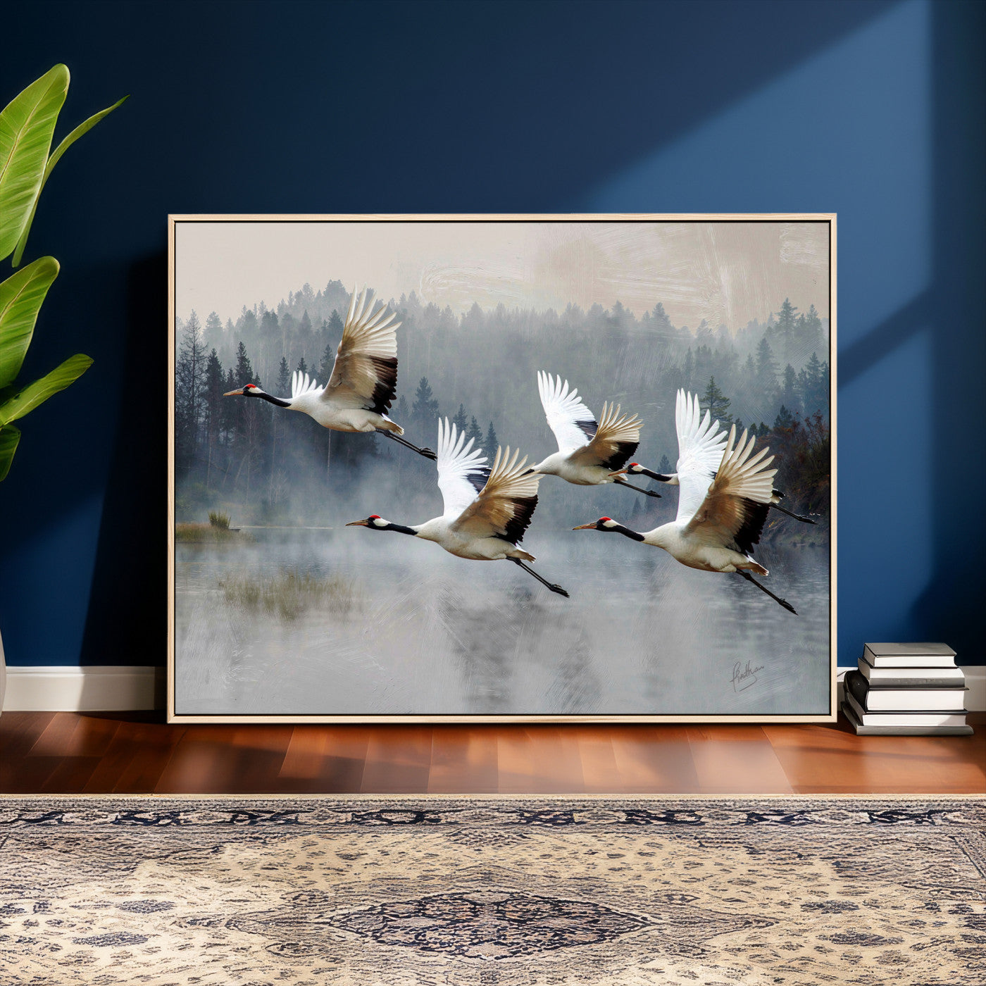 24356826-MGV-CV-36X24 - Flying Crane Canvas Wall Art Print, White Crane Bird Artwork, Wildlife Nature Decor, Lake Landscape Canvas, Ready to Hang
