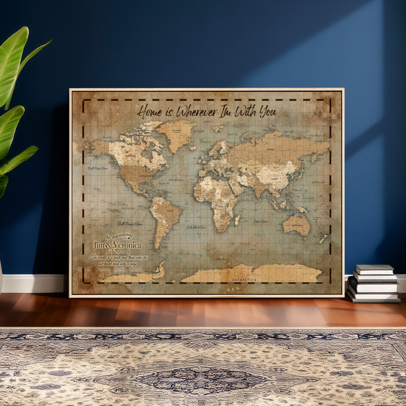 97123877-MGV-CV-36X24 - Vintage Custom Push Pin World Map, Vintage Travel Map Canvas, Personalized Names Anniversary Gift, Places Visited Pin Board, Couples Adventure Art