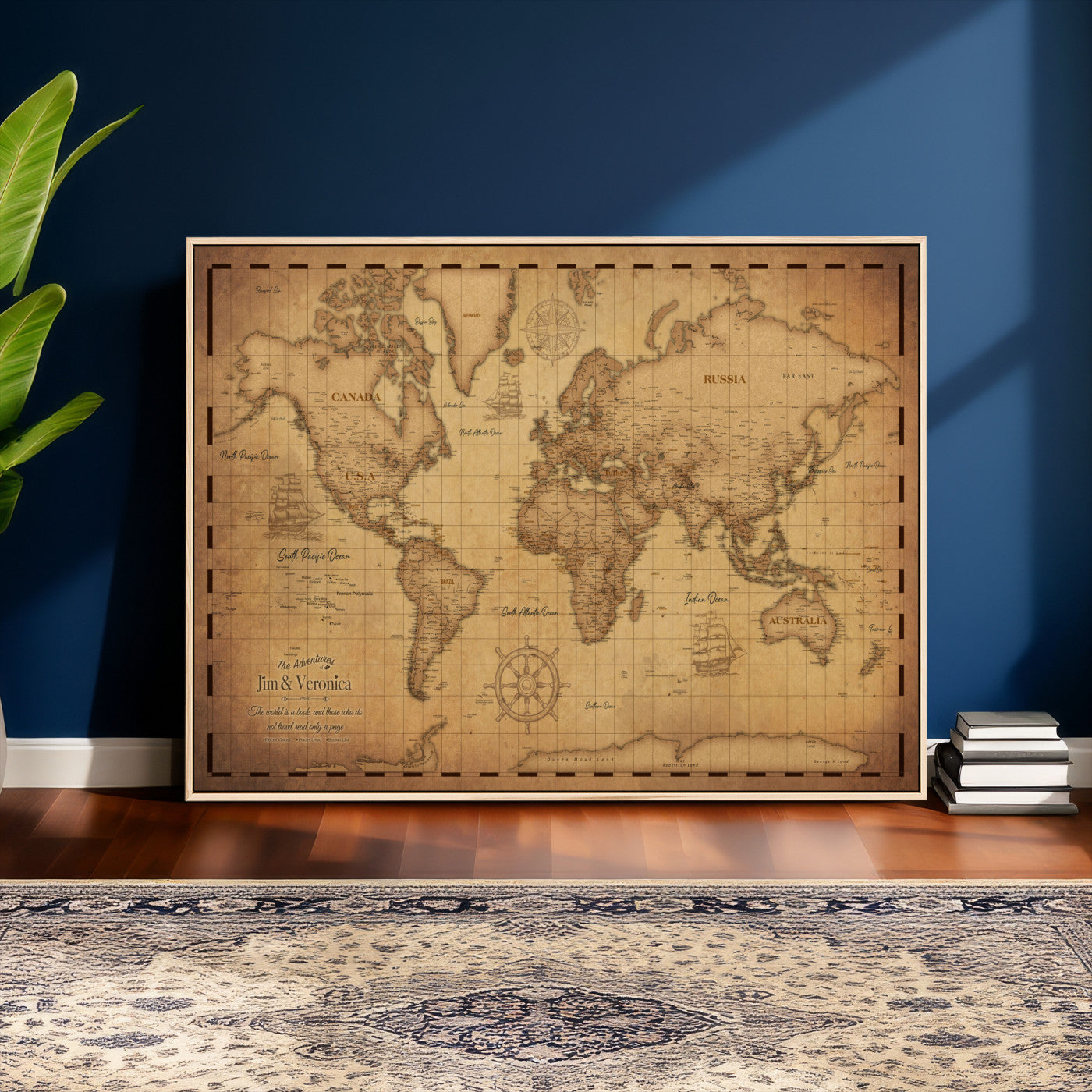 55328610-MGV-CV-36X24 - Personalize Push Pin World Map, Vintage Travel Map Canvas, Custom Names Anniversary Gift, Places Visited Pin Board, Couples Adventure Arts