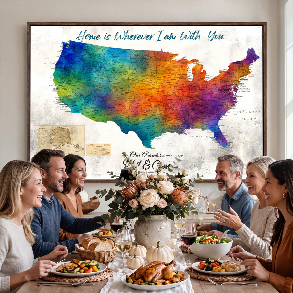 17251793-MGV-CV-36X24 - Watercolor USA Travel Map with Pins Colorful Modern Canvas Wall Art