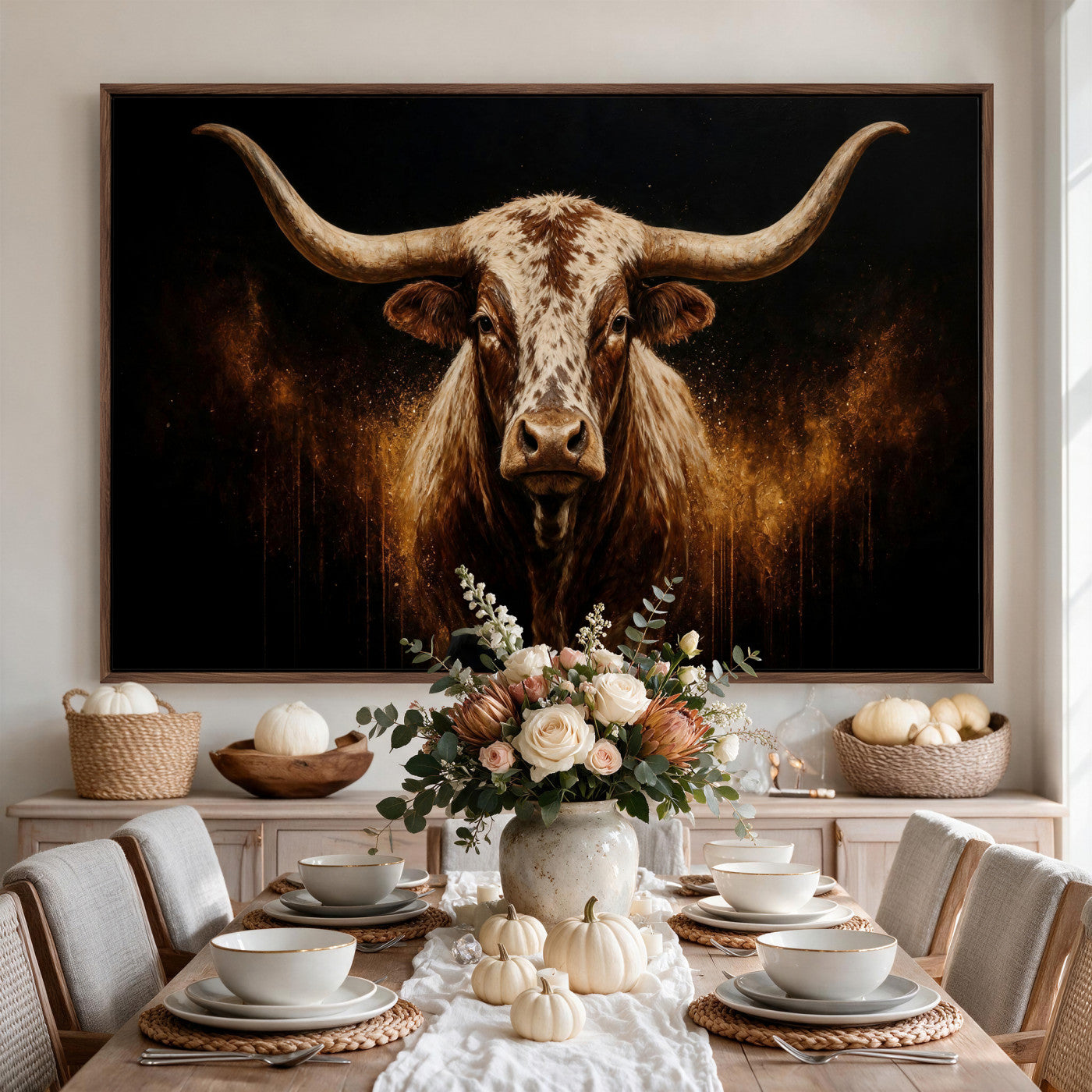 62076449-MGV-CV-36X24 - Texas Bull Cow Longhorn Canvas Wall Art Moody Western Bull Oil Painting Print