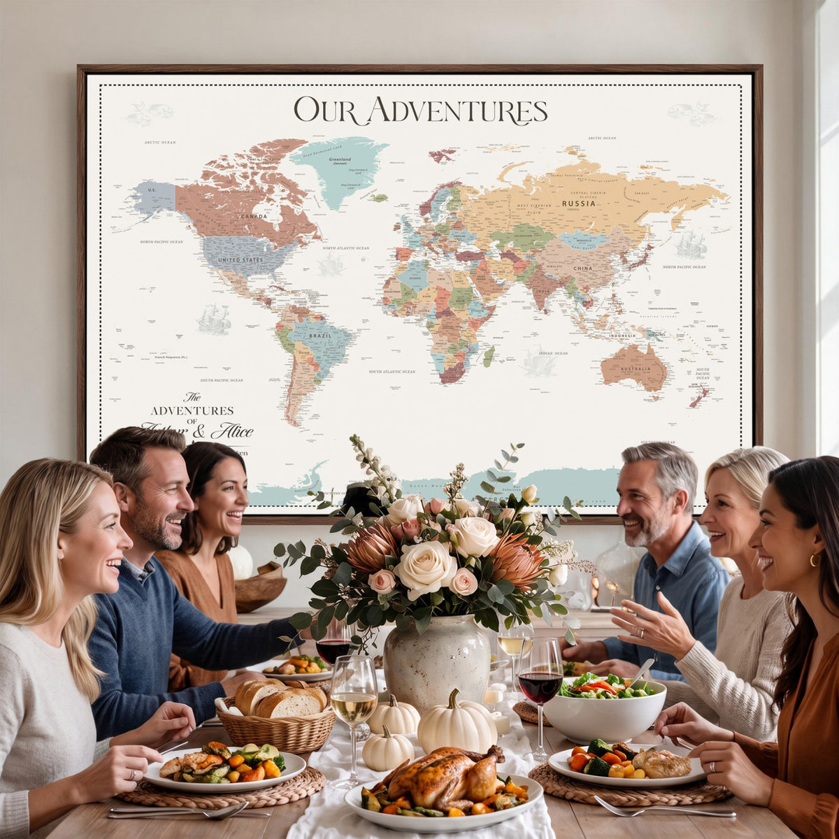 NEWMAP-4-MGV-CV-36X24 - Custom World Travel Map Wall Art with Pins, Places Visited Tracker, Family Room and Bedroom Decor