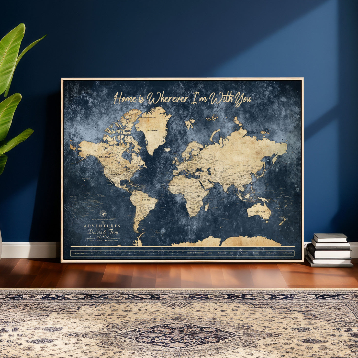 400867BL-MGV-CV-36X24 - Framed Blue Custom Push Pin World Map Canvas Print – Personalized Travel Map Wall Art