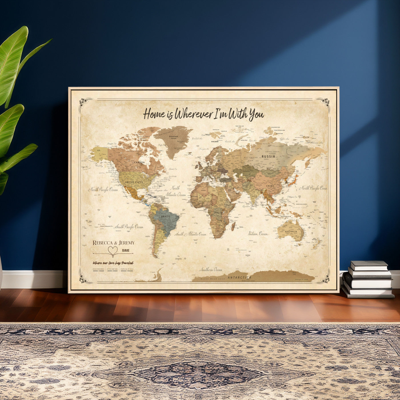 40086165-MGV-TP-30X20 - Framed Vintage Custom Push Pin World Map Canvas Print – Personalized Travel Map Wall Art