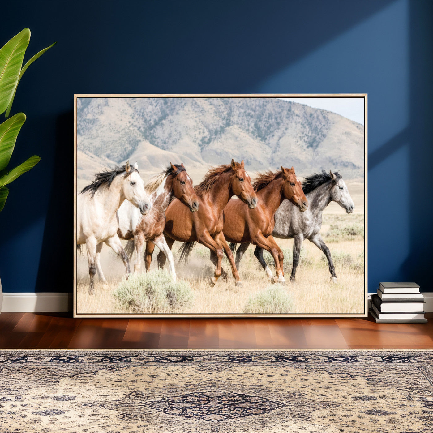 68345893-MGV-CV-36X24 - Five Mustangs Running Wild in Mountain Valley Wall Art Canvas Print - Rustic Western Decor