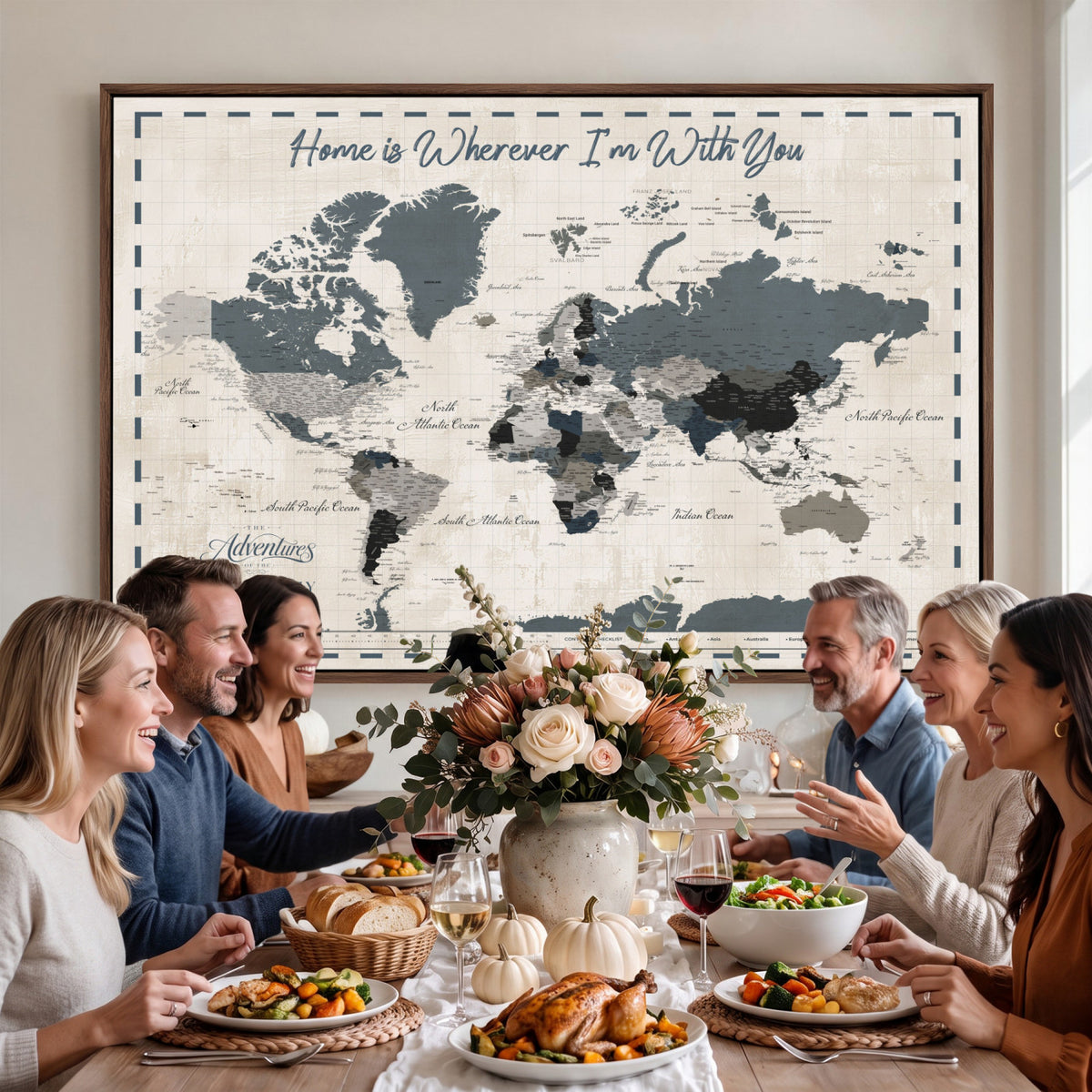 400867164-MGV-CV-36X24 - Framed Blue Custom Push Pin World Map Canvas Print – Personalized Travel Map Wall Art