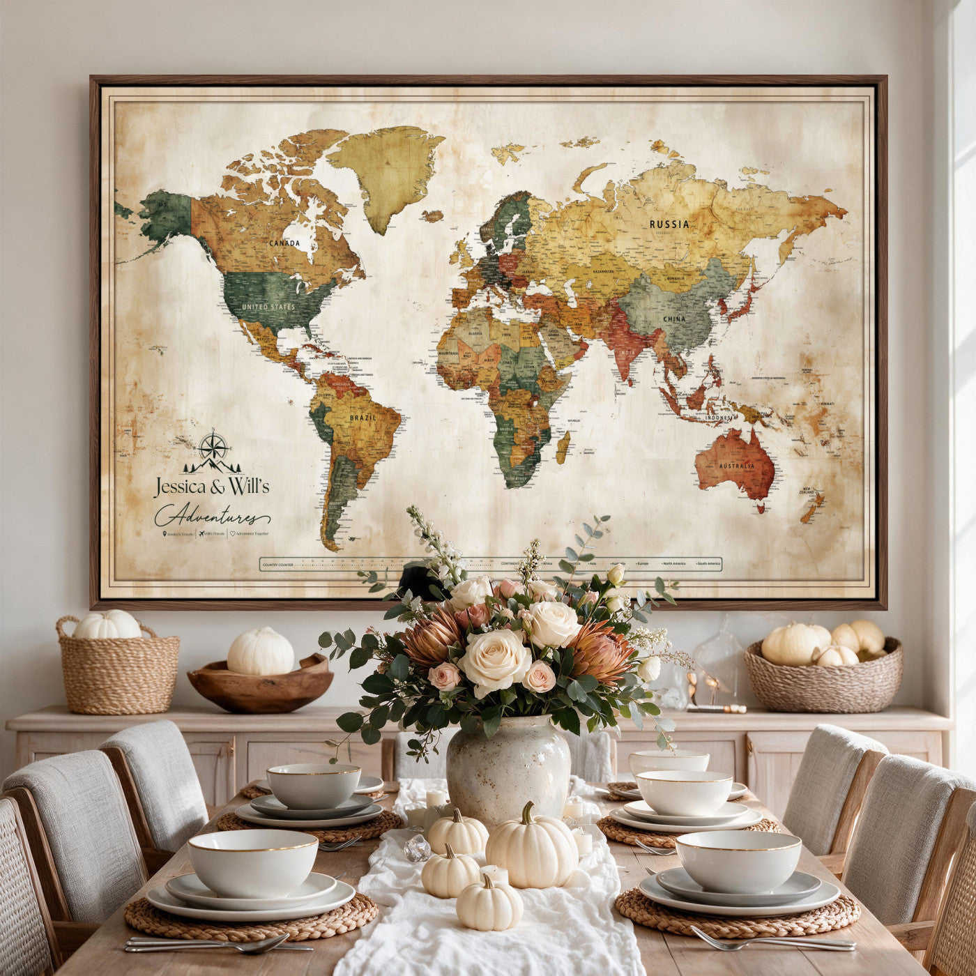 19542567-MGV-CV-36X24 - Custom Push Pin World Map Canvas | Personalized Travel Tracker | Wedding Anniversary Gift for Couples - Adventure Map Wall Art with Pins