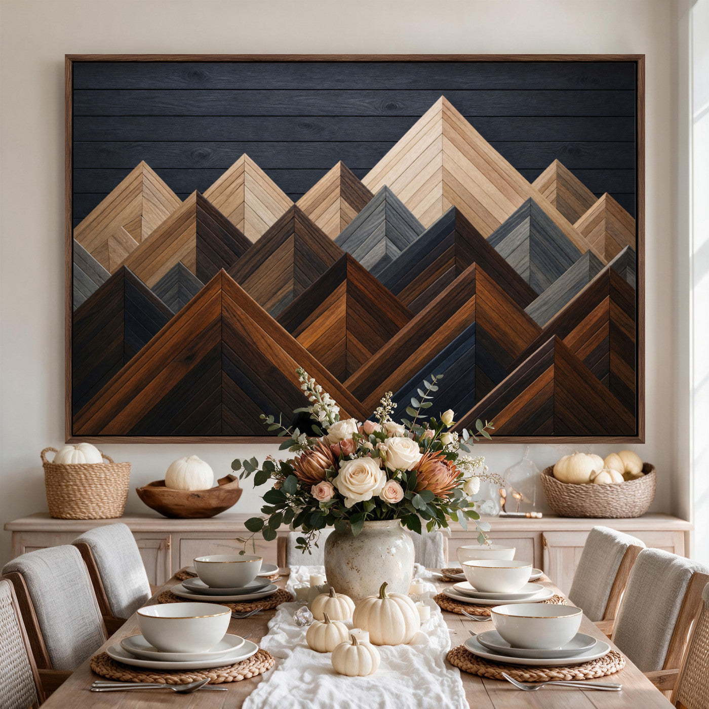 70531117-MGV-CV-36X24 - Geometric Wood Mountain Wall Art Canvas Print, 3D Look Rustic Mosaic Landscape Print