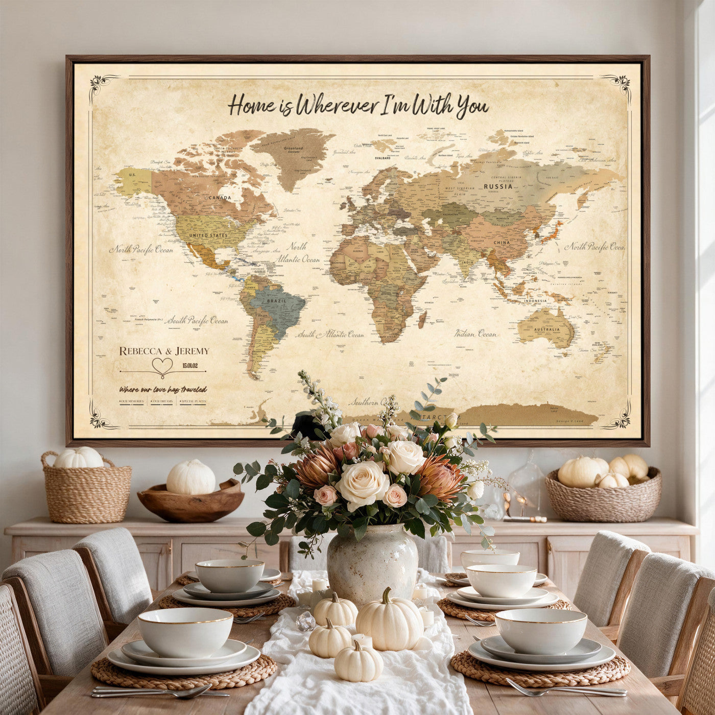 40086165SP-MGV-CV-36X24 - Custom Push Pin Travel Map Canvas Print, Cream Personalized Travel Tracker Map, Anniversary Gift, Vintage World Map Wall Art