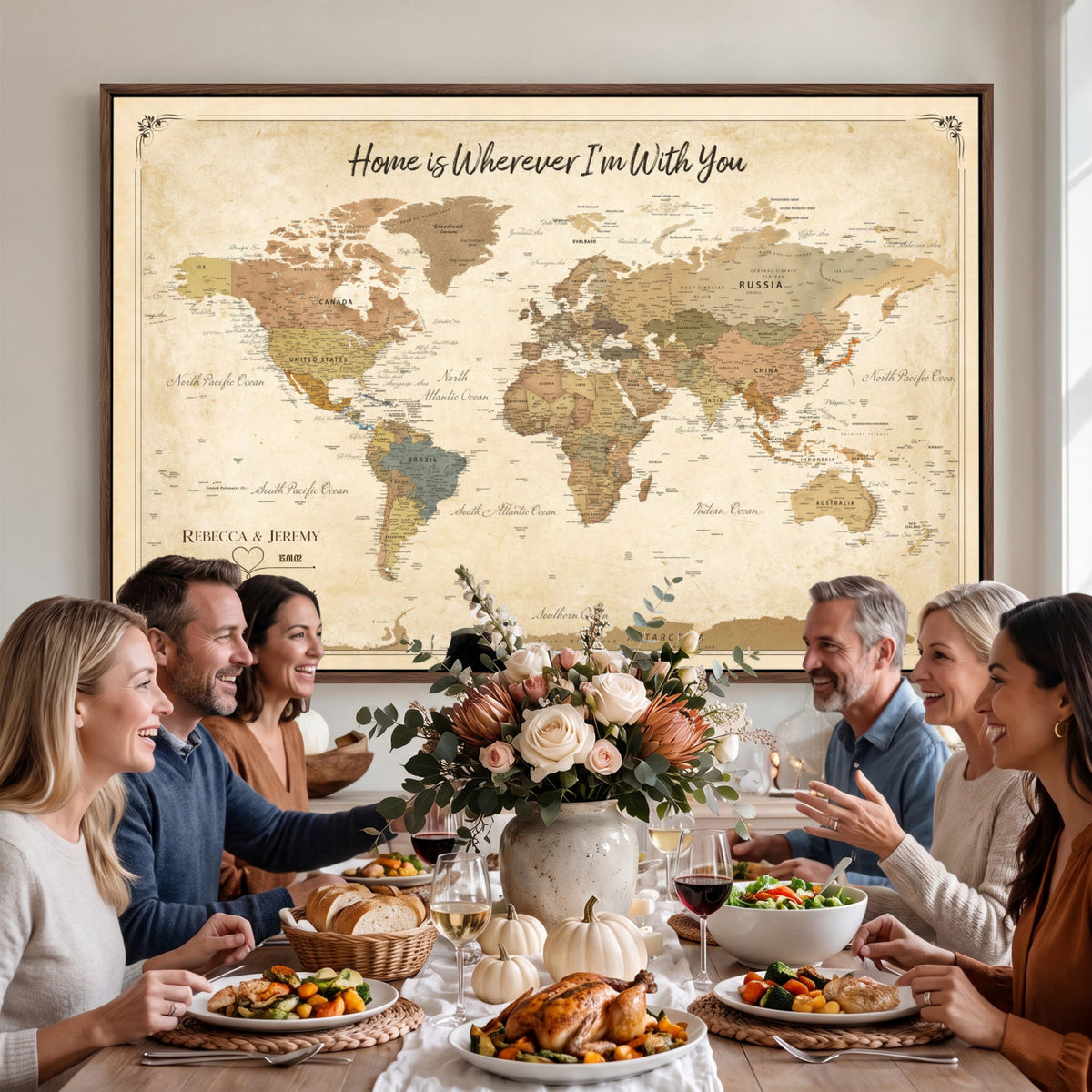 40086165SP-MGV-CV-36X24 - Custom Push Pin Travel Map Canvas Print, Cream Personalized Travel Tracker Map, Anniversary Gift, Vintage World Map Wall Art