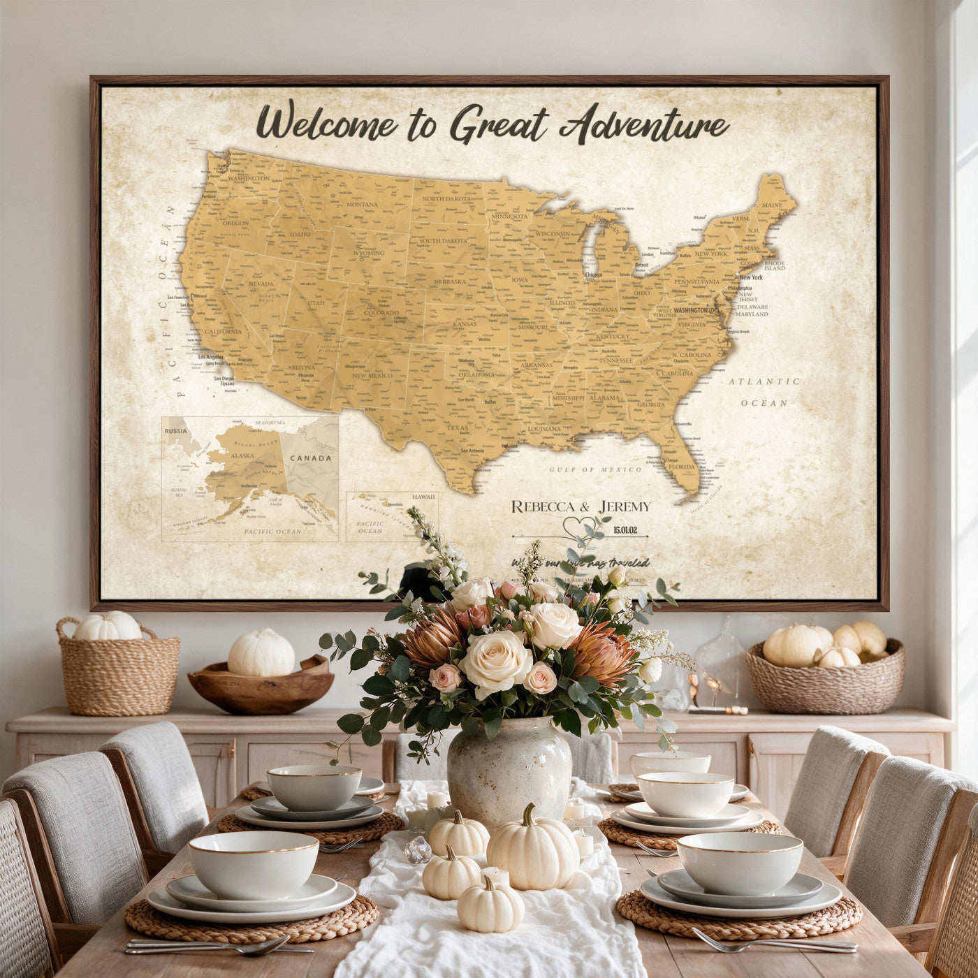 81437082-MGV-CV-36X24 - Custom Push Pin Travel USA Map Canvas Print, Cream Personalized Travel Tracker America Map, Anniversary Traveler Gift