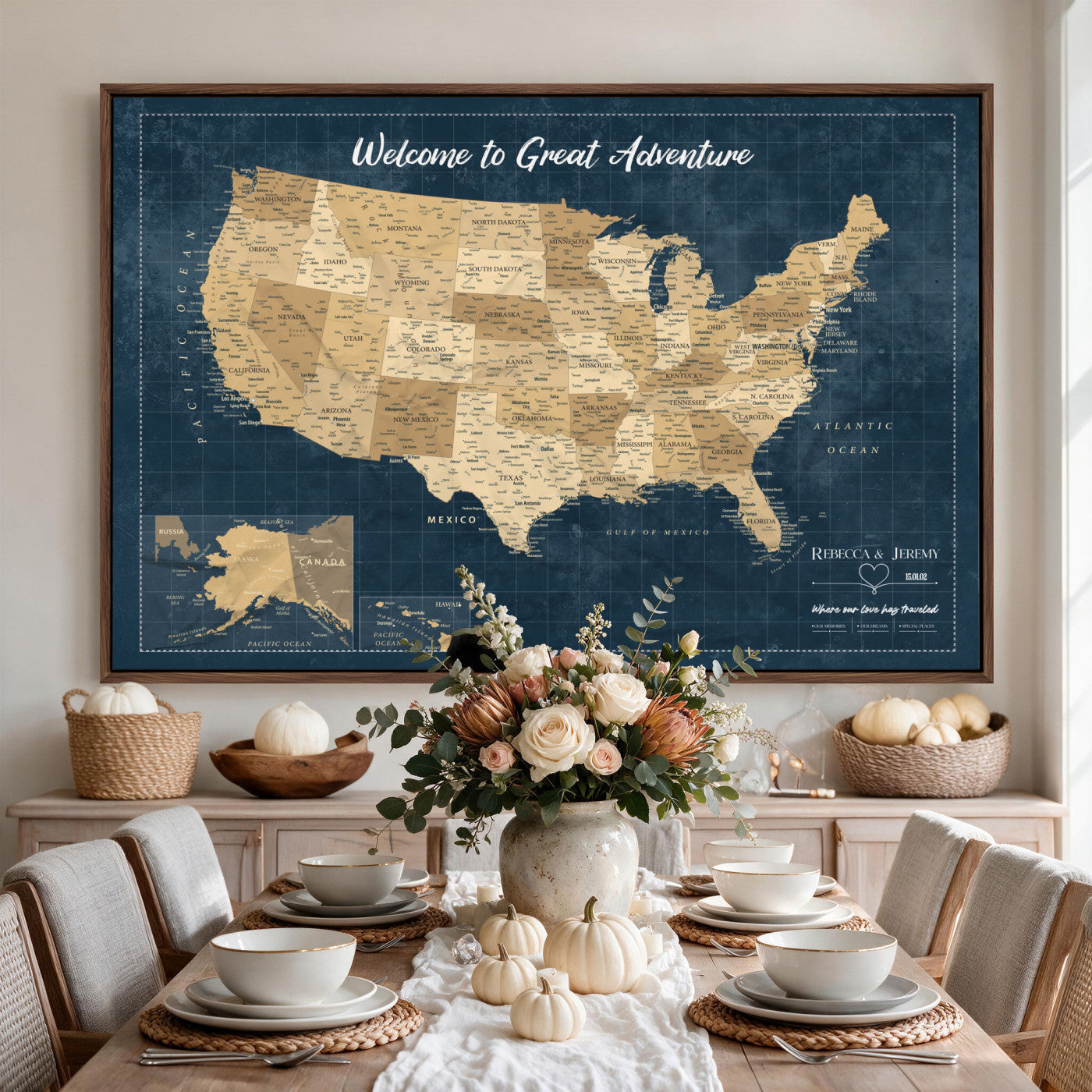 58851035-MGV-CV-36X24 - Custom Push Pin Travel USA Map Canvas Print, Cream Personalized Travel Tracker America Map, Anniversary Traveler Gift