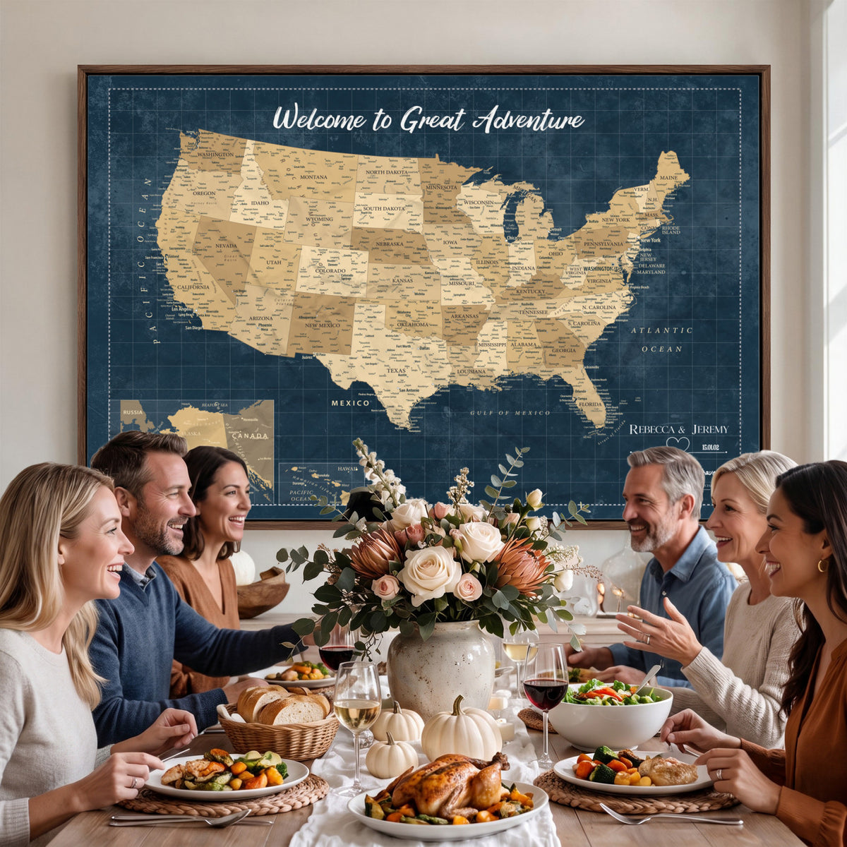58851035-MGV-CV-36X24 - Custom Push Pin Travel USA Map Canvas Print, Cream Personalized Travel Tracker America Map, Anniversary Traveler Gift