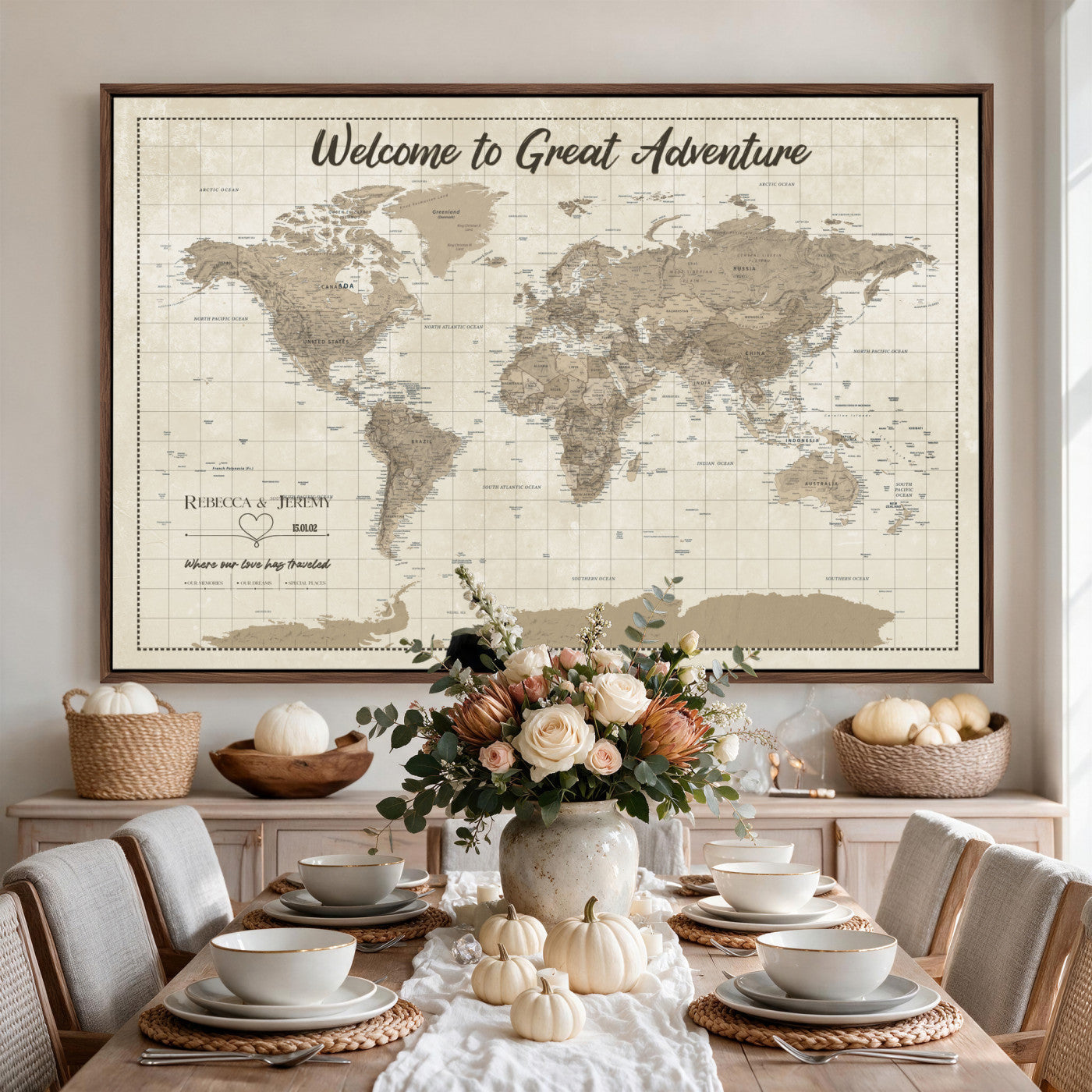 51180020-MGV-CV-36X24 - Custom Push Pin Travel Map Canvas Print, Cream Personalized Travel Tracker Map, Anniversary Gift, Vintage World Map Wall Art