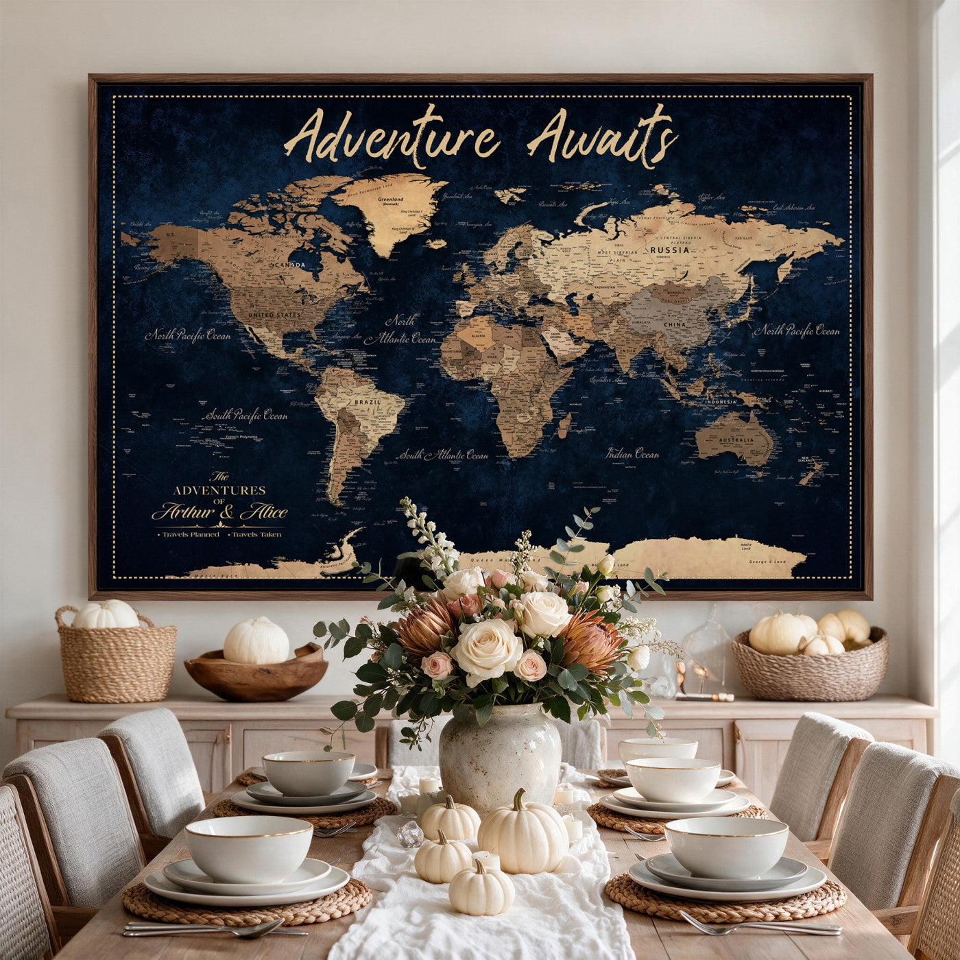57167164-MGV-CV-36X24 - Custom Push Pin Travel Map Canvas Print, Navy Blue Personalized Travel Tracker Map, Anniversary Gift, Vintage World Map Wall Art