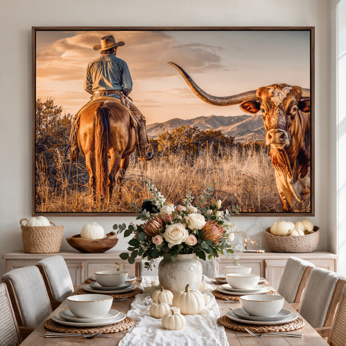 62076449C-MGV-CV-36X24 - Texas Cowboy and Longhorn Bull Print for Western Wall Art Decor for Farmhouse