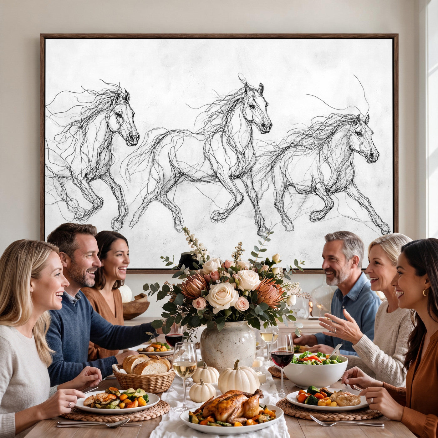 53600119-MGV-CV-36X24 - Monochrome Horse Canvas Wall Art, Black Ink Sketch Wild Horses Print, Minimalist Equestrian Artwork, Modern Abstract Line Decor, Urban Loft Gift