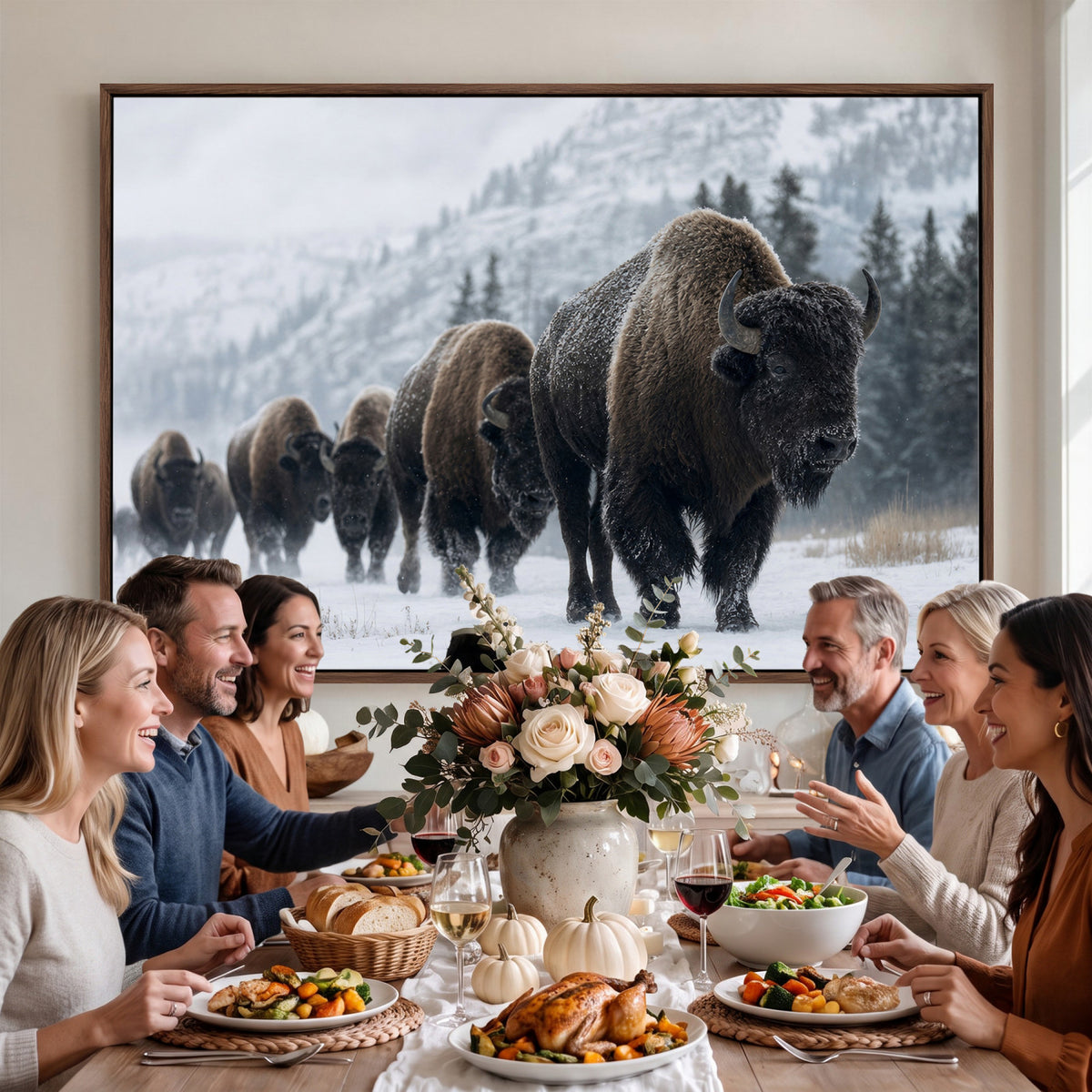 18343289-MGV-CV-36X24 - Rustic Bison Wall Art, American Buffalo Photo Print, Wildlife Canvas Artwork, Snowy Mountain Decor, Large Nature Poster, Cabin Gift Idea