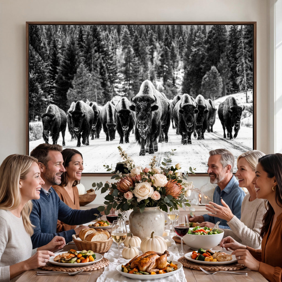 79337077-MGV-CV-36X24 - Black and White Bison Canvas Art, American Buffalo Print, Winter Wildlife Photography, Rustic Forest Wall Decor, Large Statement Nature Gift