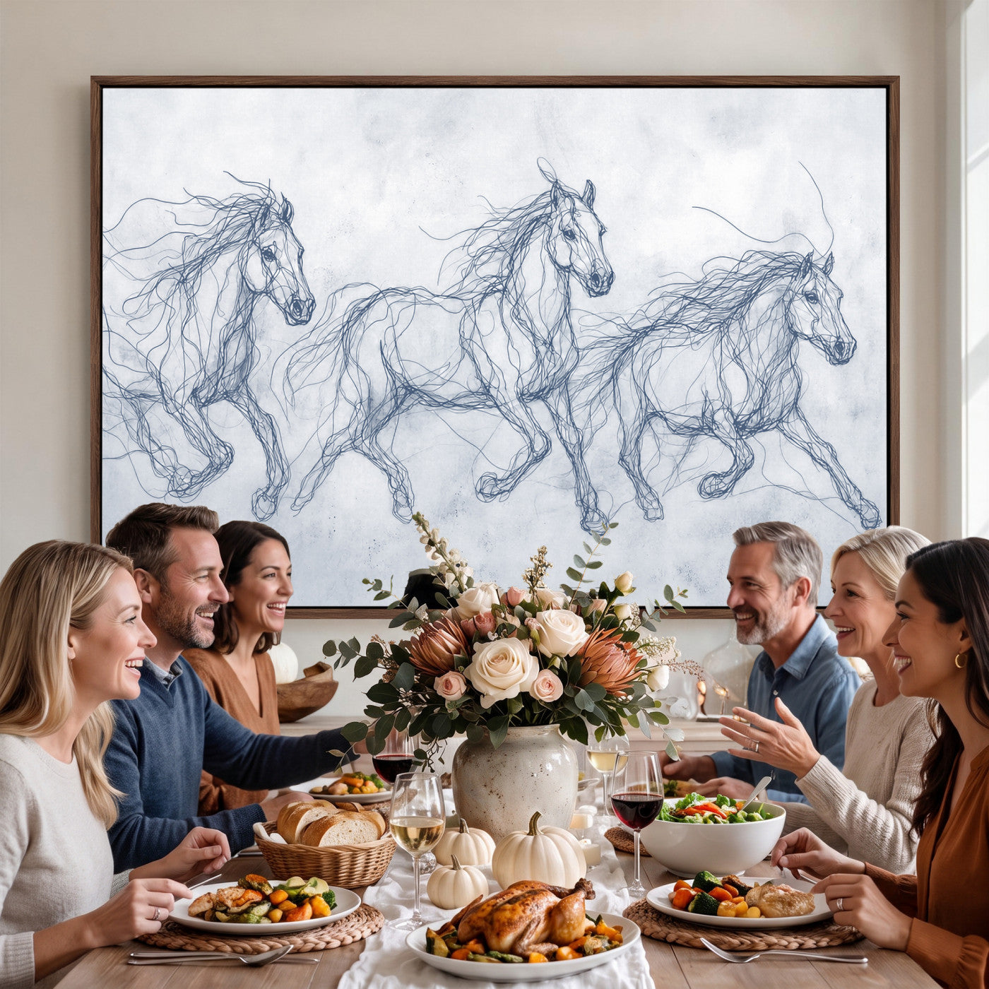 41163601-MGV-CV-36X24 - Indigo Blue Horse Line Art Canvas, Steel Grey Wild Horses Print, Abstract Navy Scribble Artwork, Modern Slate Equine Wall Decor, Coastal Ranch Gift
