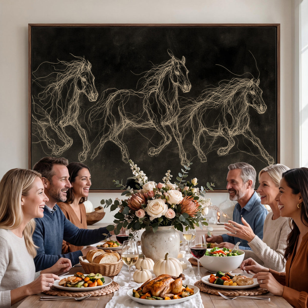 15344242-MGV-CV-36X24 - Dark Horse Line Art Canvas, Gold Scribble Wild Horses Print, Black Chalkboard Wall Art, Modern Luxury Equine Decor, Masculine Office Gift