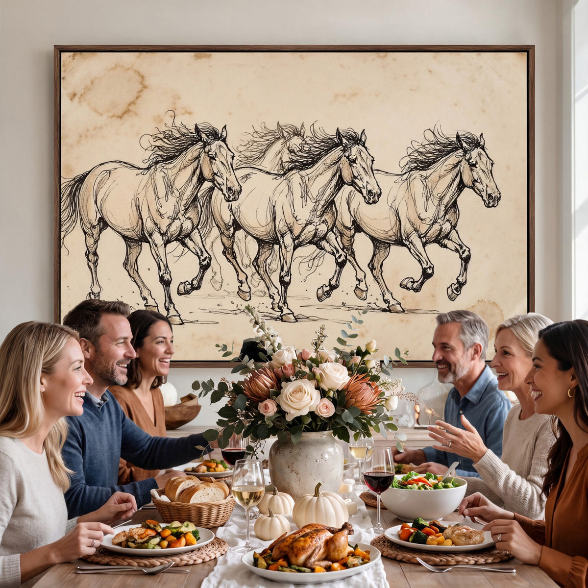 18242163-MGV-CV-36X24 - Vintage Horse Sketch Canvas Wall Art, Wild Horses Pencil Drawing Print, Antique Parchment Western Decor, Equine Sketching, Country Manor Gift