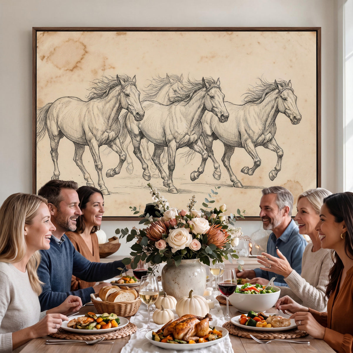 16644391-MGV-CV-36X24 - Vintage Horse Sketch Canvas Wall Art, Wild Horses Pencil Drawing Print, Antique Parchment Western Decor, Equine Sketching, Country Manor Gift