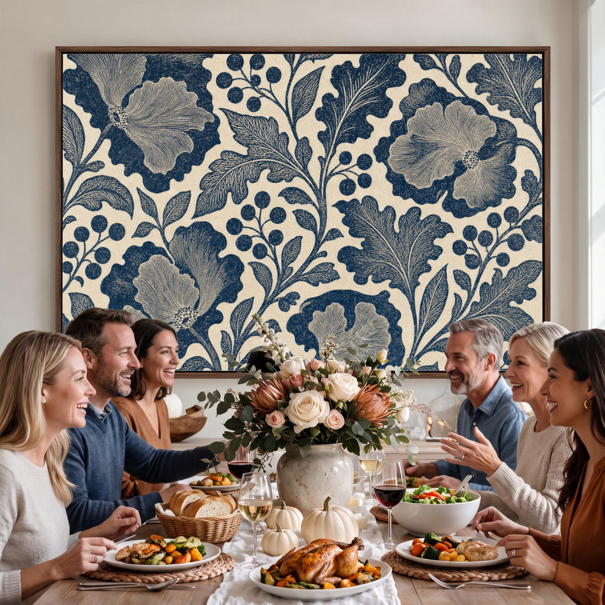 23824002-MGV-CV-36X24 - William Morris Style Navy Blue Floral Wall Art Canvas Print, Vintage Cream Botanical Painting Print