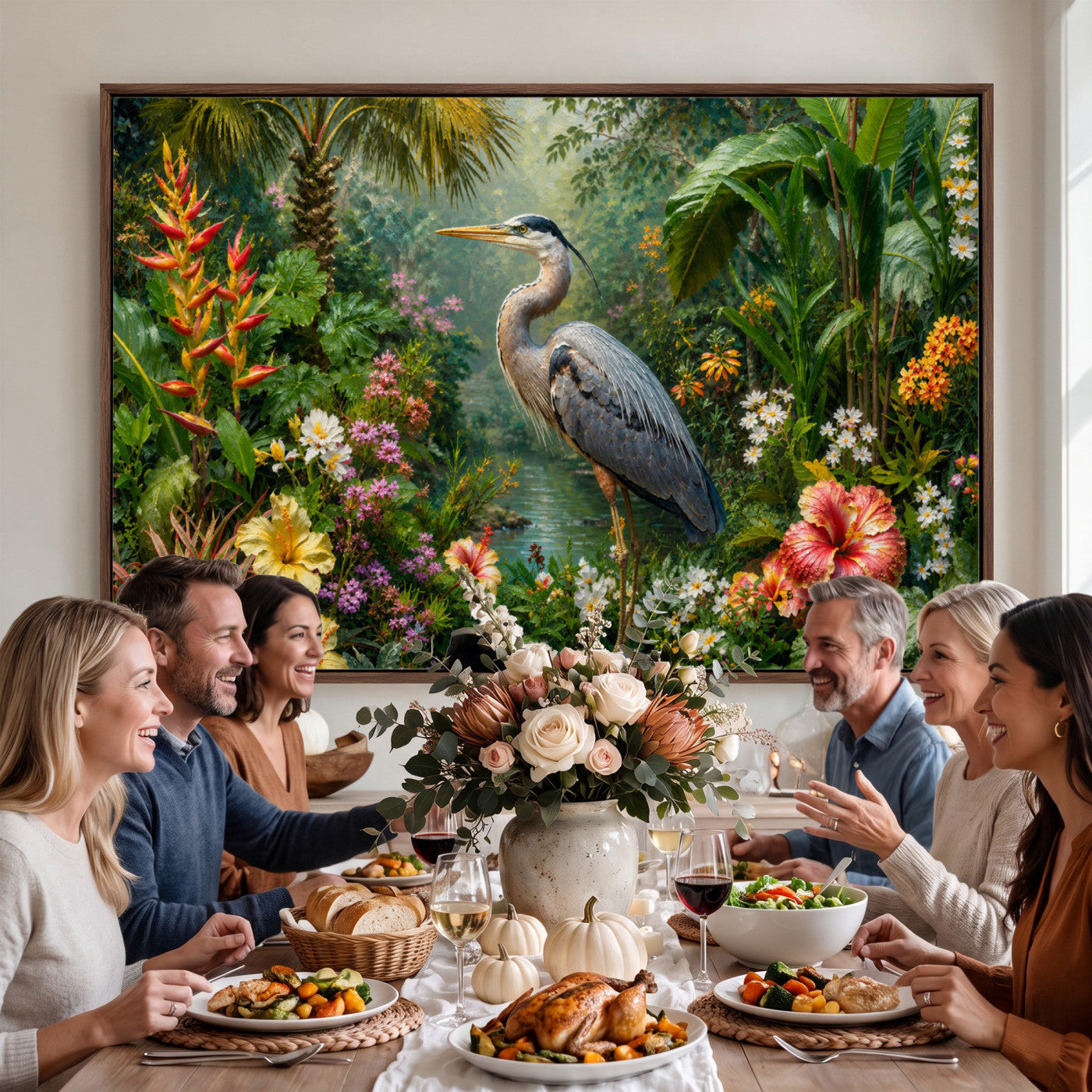 81059387-MGV-CV-36X24 - Great Blue Heron Tropical Jungle Wall Art Canvas Print, Exotic Botanical Garden Painting Print