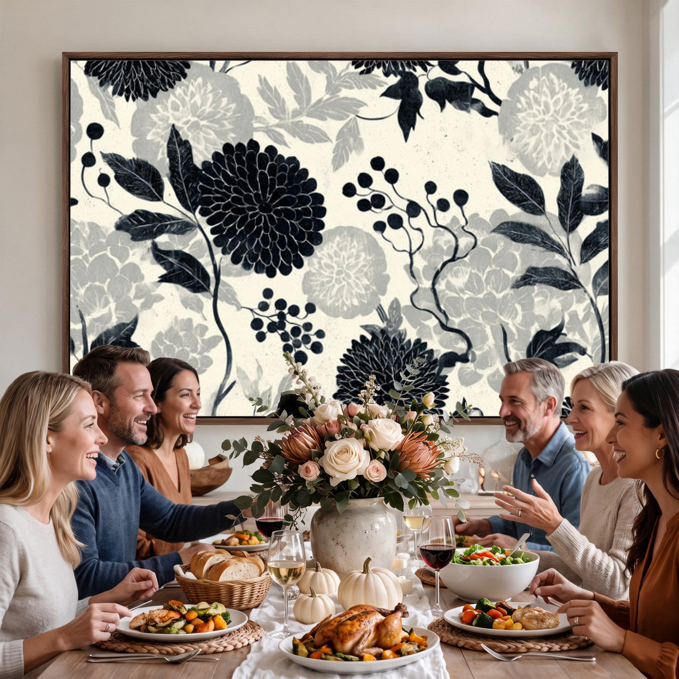 61524791-MGV-CV-36X24 - Vintage Black Chrysanthemum Wall Art Canvas Print, Monochrome Dhalia Floral Painting Print