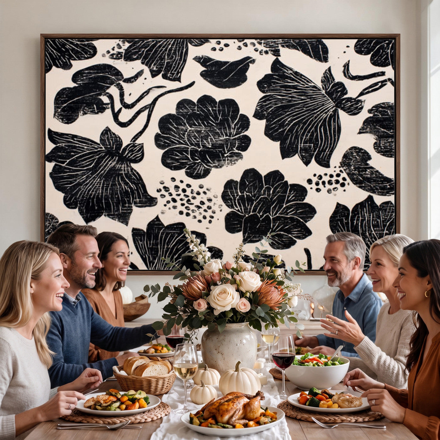 81787117-MGV-CV-36X24 - Linocut Black Lotus Floral Wall Art Canvas Print, Vintage Monochrome Botanical Painting Print