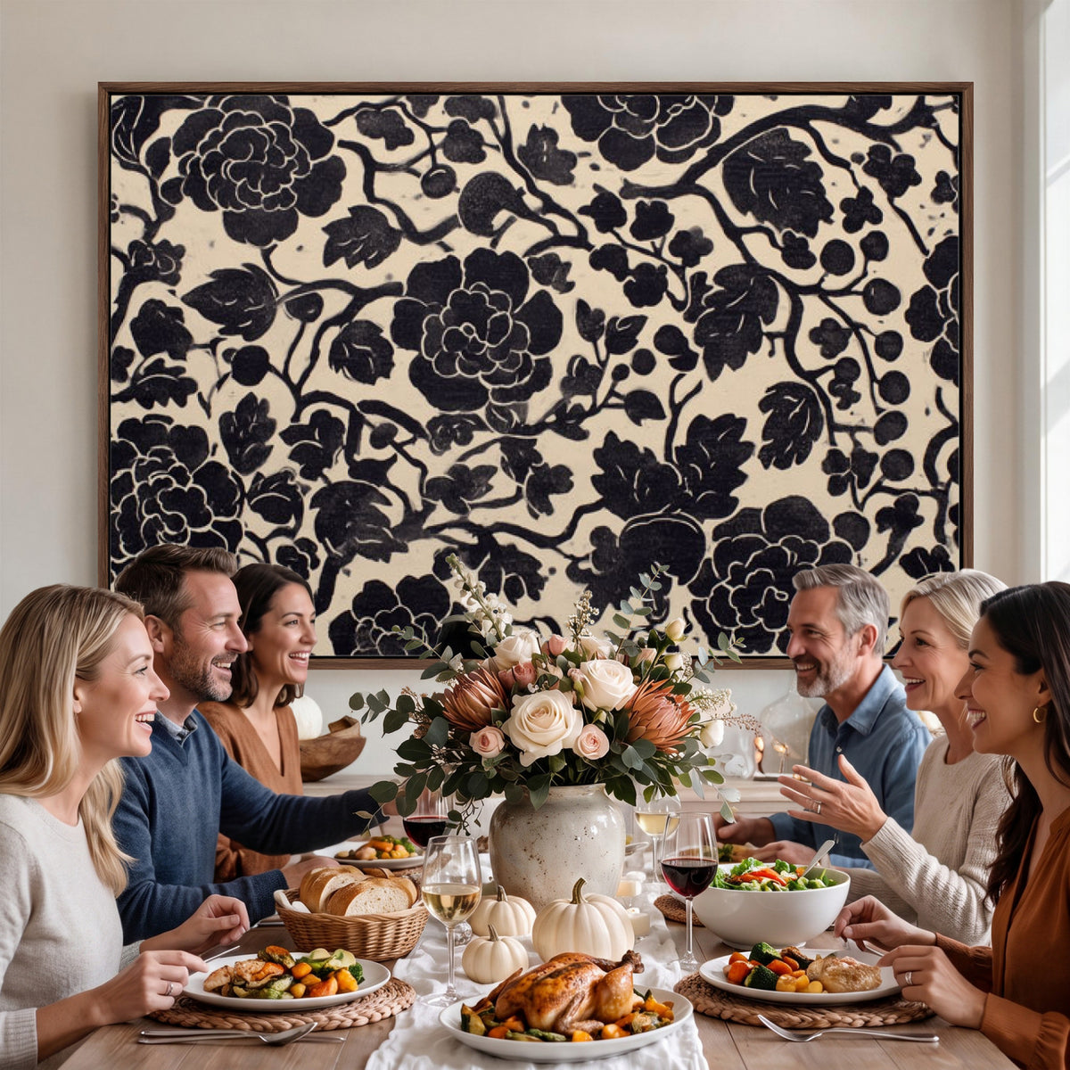 86696255-MGV-CV-36X24 - Vintage Black and Cream Floral Wall Art Canvas Print, Chinoiserie Botanical Painting Print