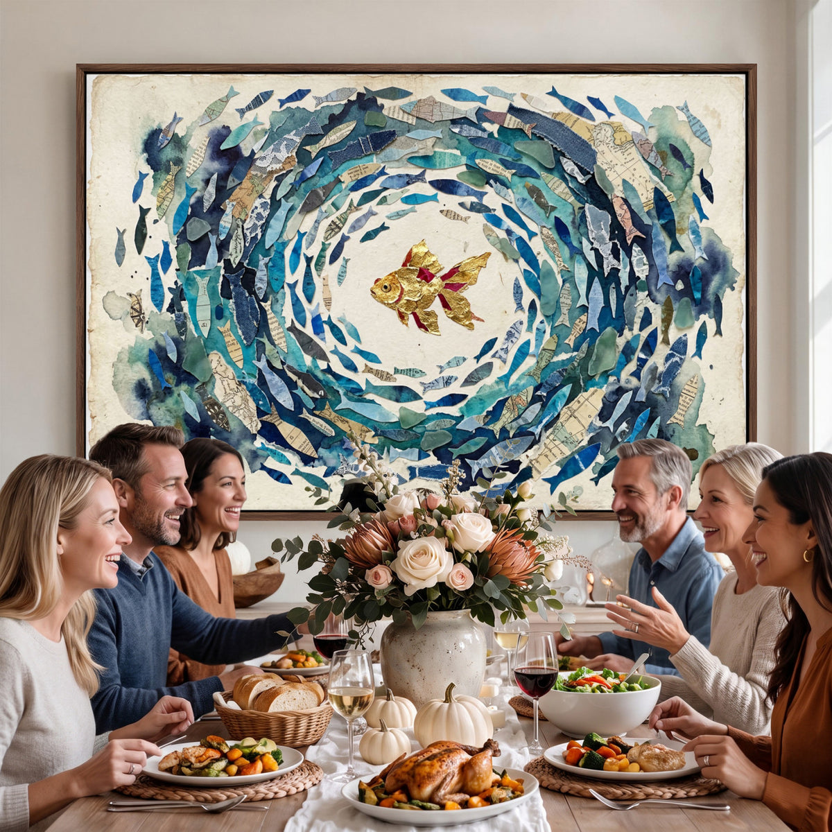 73165663-MGV-CV-36X24 - Mixed Media Blue Fish Swirl Canvas Wall Art, Goldfish Collage Ocean Print