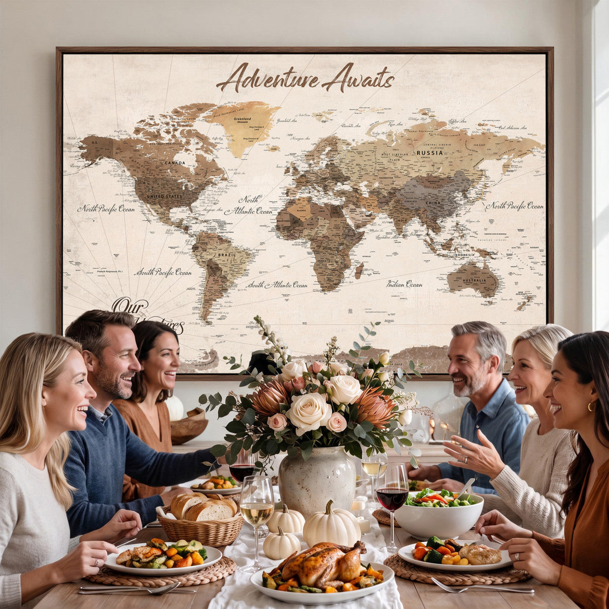 84865191-MGV-CV-36X24 - Our Family Adventures Push Pin World Map Wall Art Canvas Print - Family Travel Tracker Map with Pins