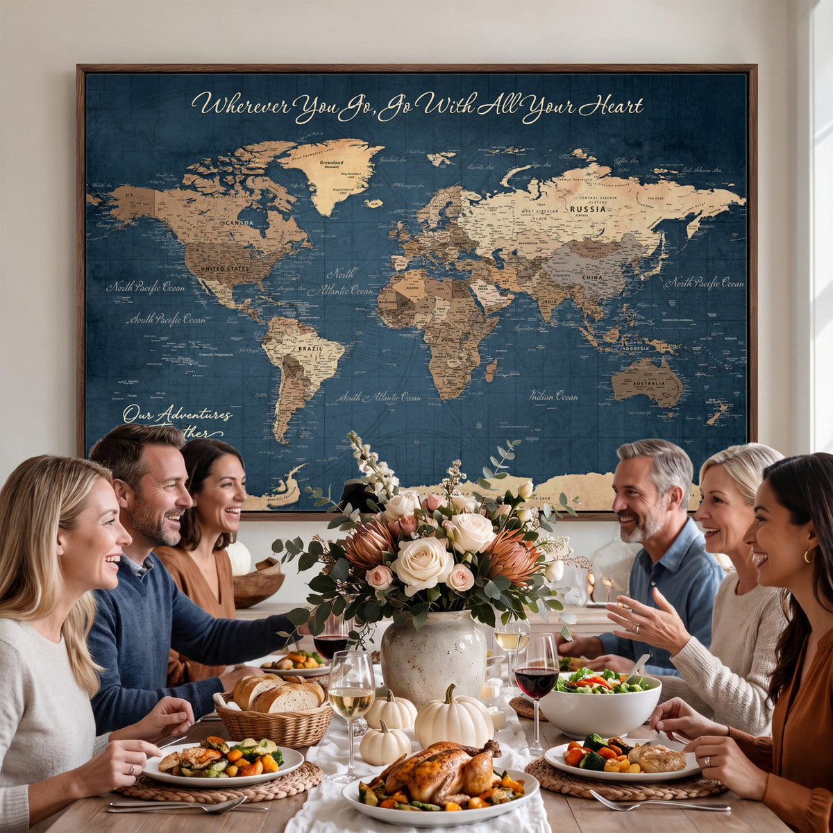 86810631-MGV-CV-36X24 - Our Family Adventures Push Pin World Map Wall Art Canvas Print - Family Travel Tracker Map with Pins