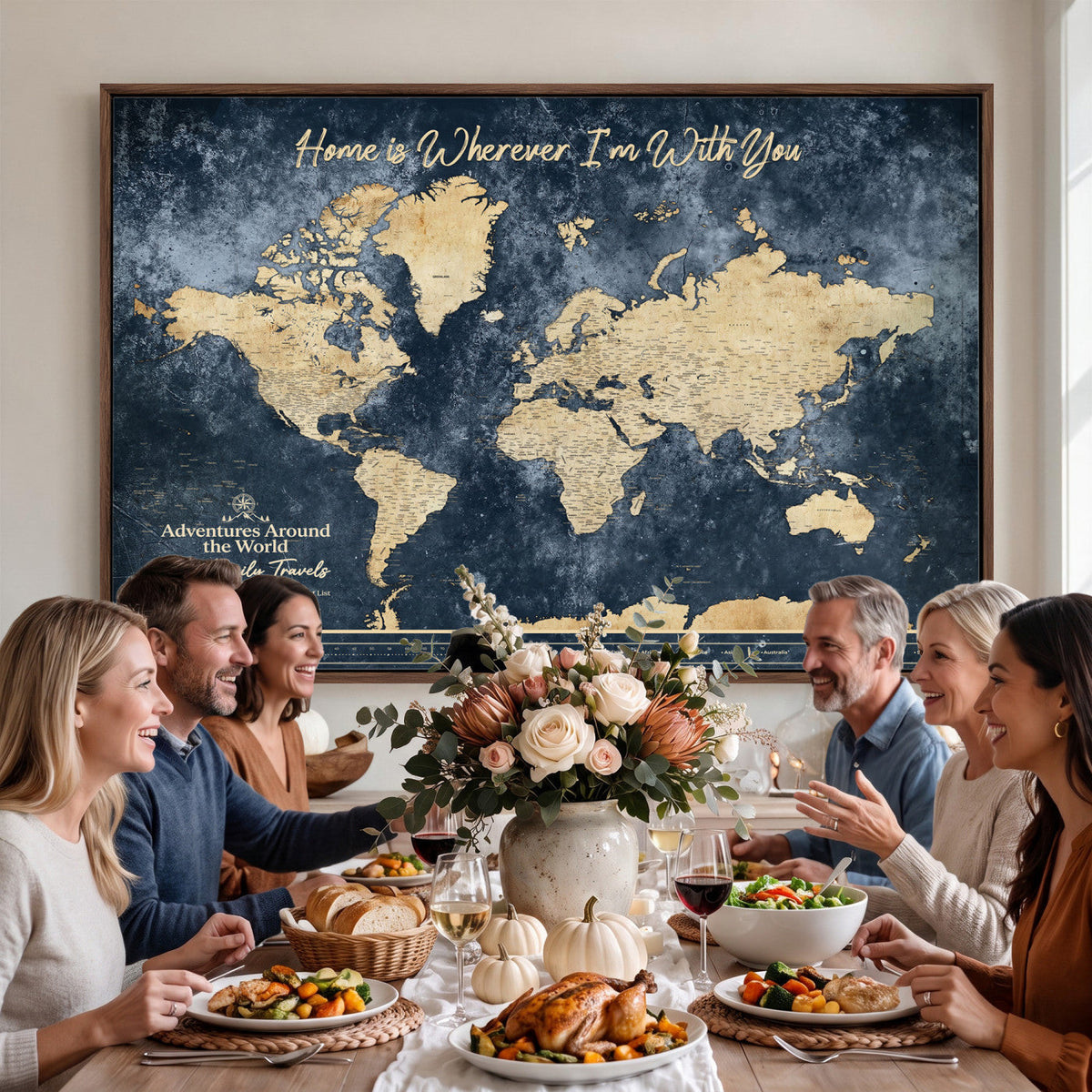 98668848-MGV-CV-36X24 - Our Family Adventures Push Pin World Map Wall Art Canvas Print - Family Travel Tracker Map with Pins