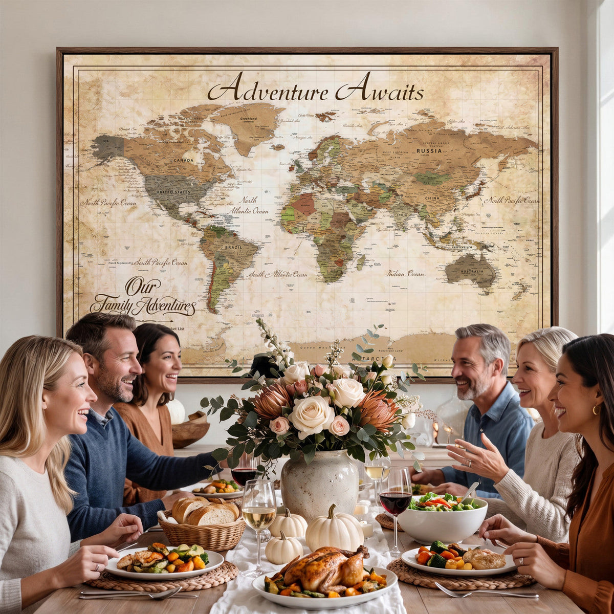 95783582-MGV-CV-36X24 - Our Family Adventures Push Pin World Map Wall Art Canvas Print - Family Travel Tracker Map with Pins