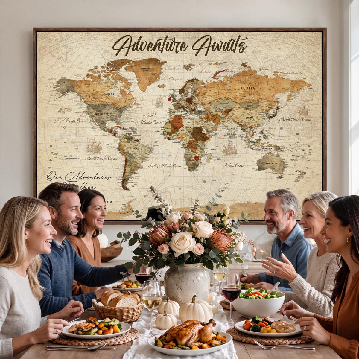 94237870-MGV-CV-36X24 - Our Family Adventures Push Pin World Map Wall Art Canvas Print - Family Travel Tracker Map with Pins