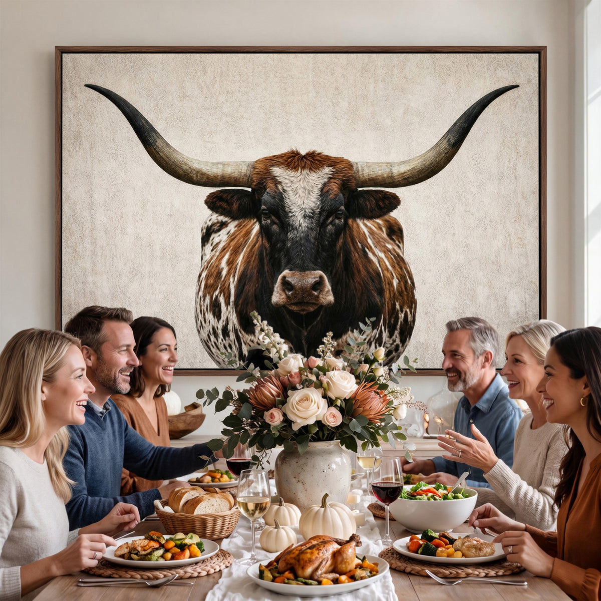 58622065-MGV-CV-36X24 - Texas Longhorn Canvas Wall Art Western Bull Desert Moody Grey Overcast Rustic Farmhouse Framed Large for Living Room Bedroom Office Decor