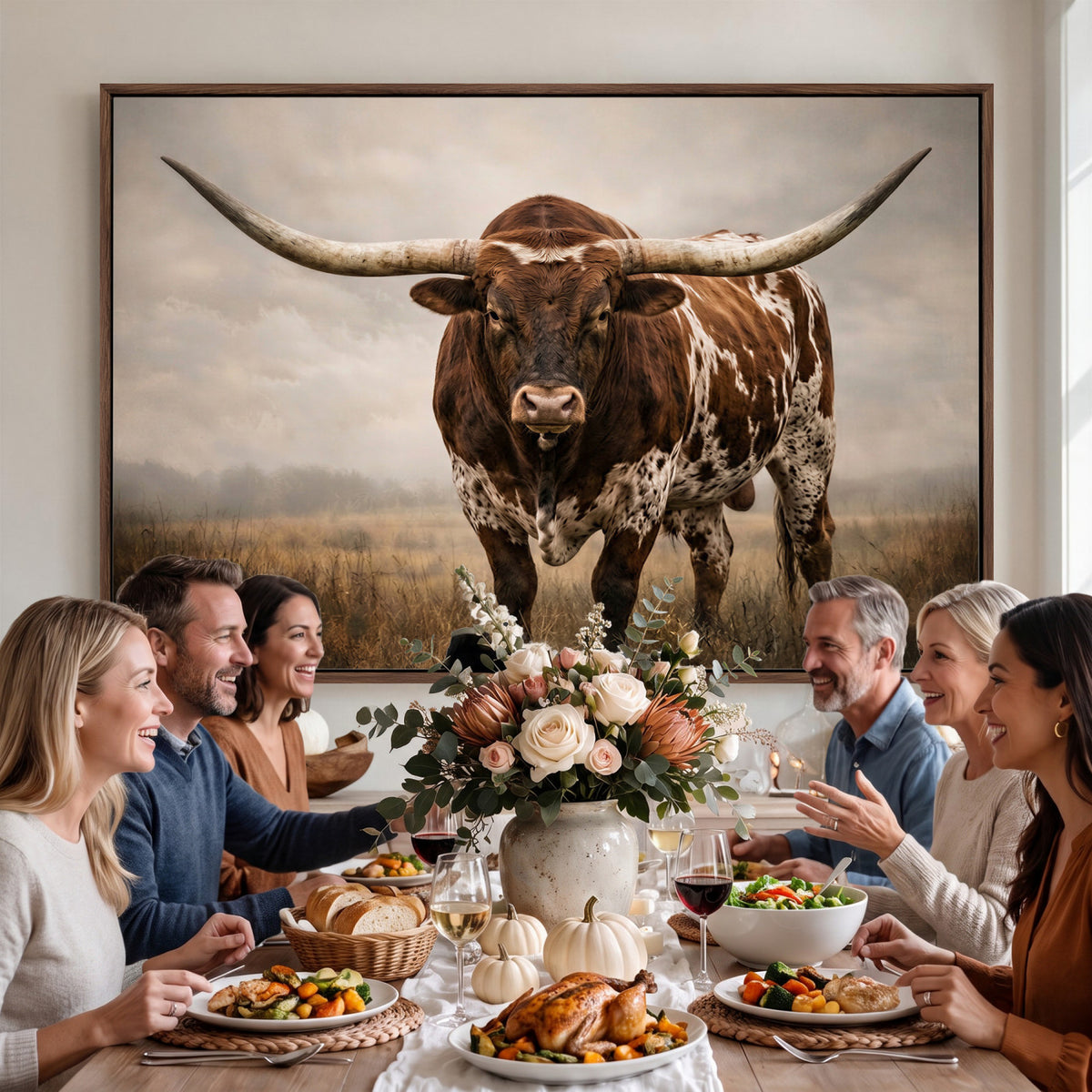 25239047A-MGV-CV-36X24 - Texas Longhorn Canvas Wall Art Western Bull Desert Moody Grey Overcast Rustic Farmhouse Framed Large for Living Room Bedroom Office Decor