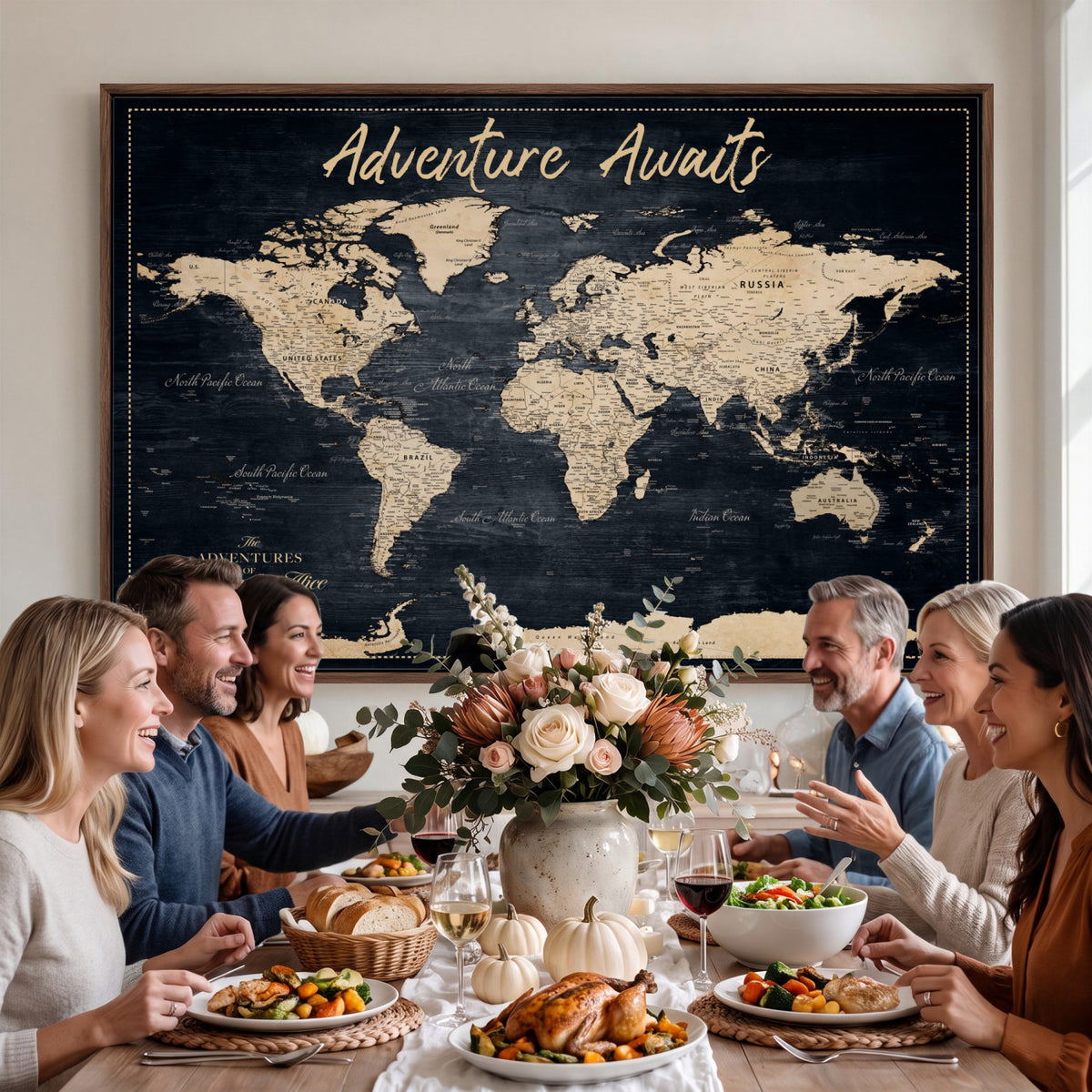 688173822-MGV-CV-36X24 - Extra Large Vintage Personalized Push Pin World Map Wall Art Canvas Print