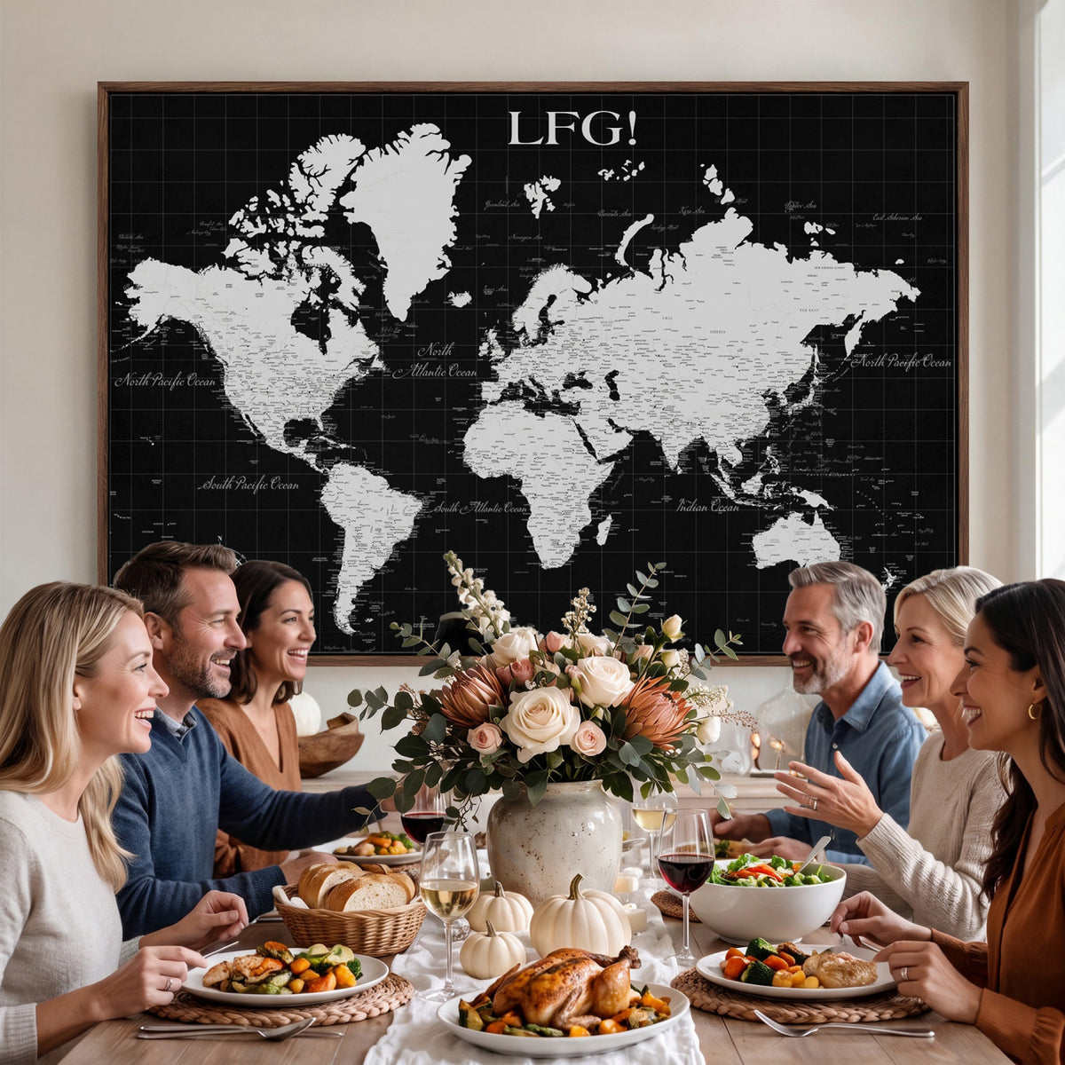68209291-MGV-CV-36X24 - Extra Large Framed Personalize Push Pin World Map Wall Art Canvas Print for Travel Tracking