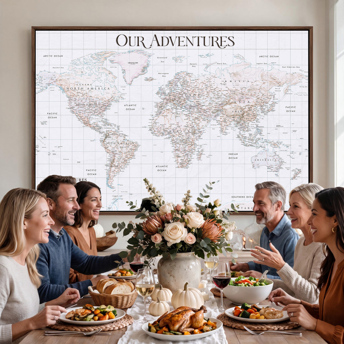 18074626D3DD-MGV-CV-36X24 - Extra Large Framed Personalize Push Pin World Map Wall Art Canvas Print for Travel Tracking NEWMAP - 015