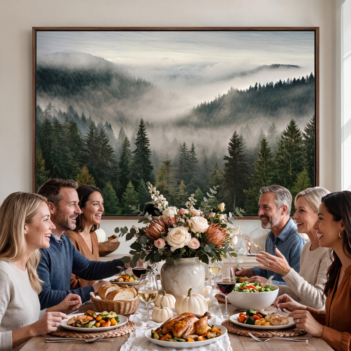 38409495-_Poster-30x20 - Misty Pine Valley Mountain Canvas Print 3 Piece Framed Wall Art Extra Large Floating Frame Nature Poster Made in USA